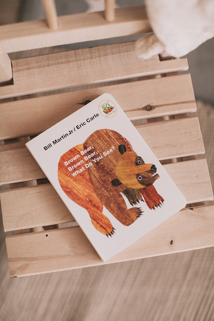 Minimalist still life of children's book 'Brown Bear, Brown Bear' on wooden chair.