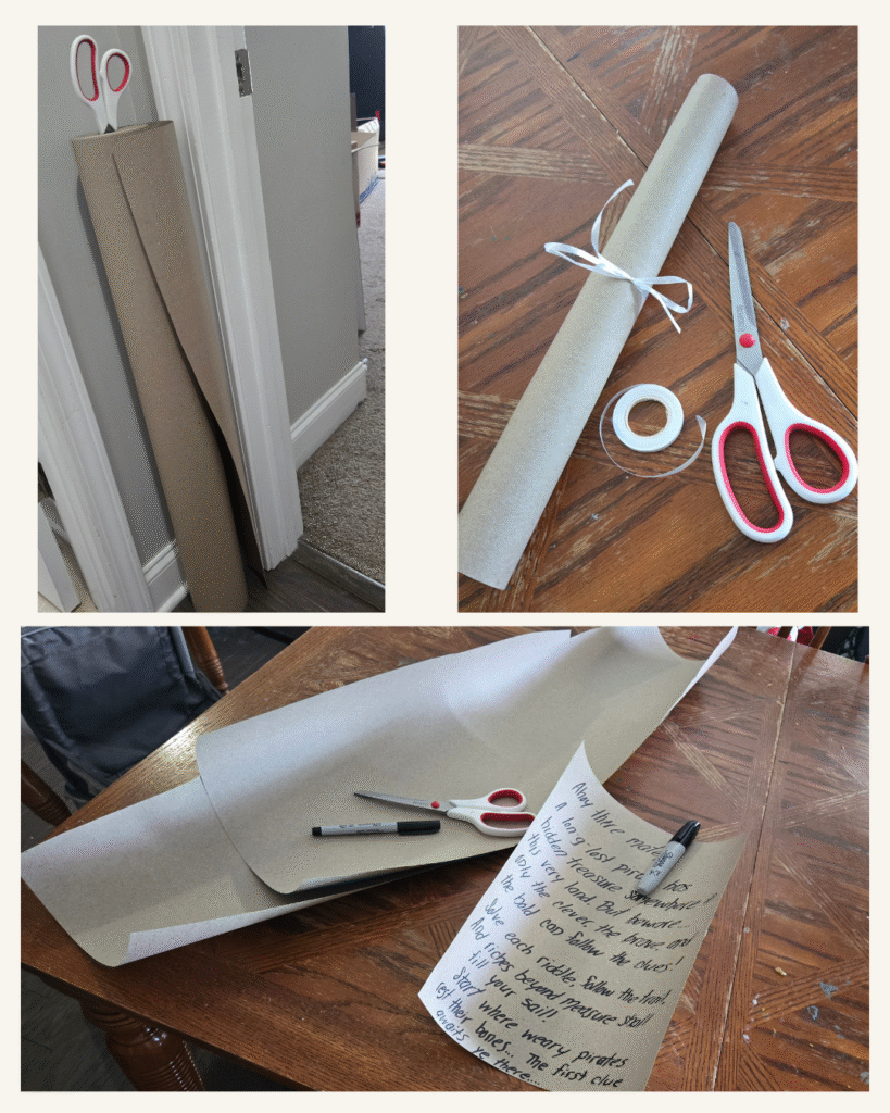 Simple supplies for a pirate treasure hunt at home.